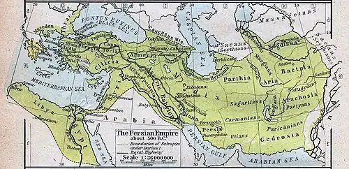 Империя Ахеменидов в ок. 500 г. до н.э. (William Robert Shepherd, 1923). Кадусии и каспии изображены на севере империи