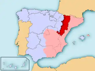 Территория, контролируемая и управляемая РСОА (красным цветом) в республиканской Испании (розовым цветом)