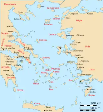 Карта Эгейского моря. Спарта слева, Наксос ниже центра, Самос справа от центра