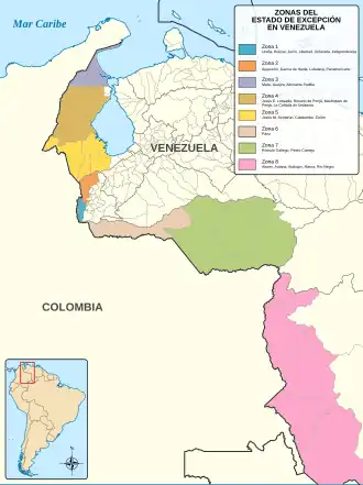 Mapa de las diversas zonas en las que se han dividido los municipios bajo estado de excepción en Venezuela.
