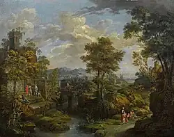 Пейзаж с водным потоком, руинами и фигурами. 1782. Холст, масло. Частное собрание
