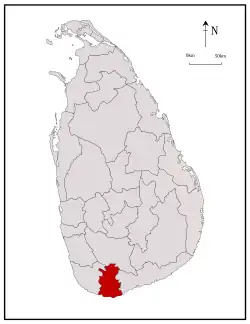 Area map of Matara District, roughly rectangular in shape and extending inwards from the southern coast, in the Southern Province of Sri Lanka