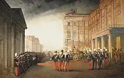 Парад Астраханского Его Императорского Величества Наследника Цесаревича гренадерского полка перед Аничковым дворцом 26 февраля 1870 года по случаю дня рождения Александра III, 1870.