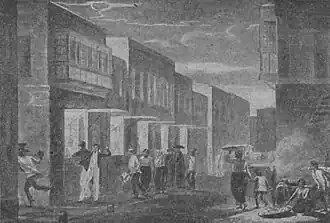 Индеец в Маниле сорвал с Тихонова подле лавки шляпу и убежал (1818) — единственный известный портрет Тихонова (стоит с поднятой рукой)