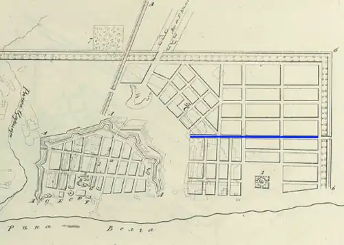 Часть плана Царицына 1820 года. Синим выделена улица Саратовская, Ломоносовской ещё нет.