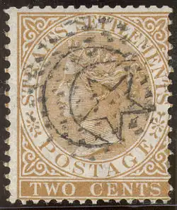 1876: первая марка Джохора. Надпечатка звезды и полумесяца на марке Стрейтс-Сетлментса с портретом королевы Виктории,2 цента (Sc #1)