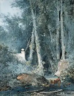 Стены сада на опушке леса с фермерским мальчиком и животными на переднем плане. Акварель