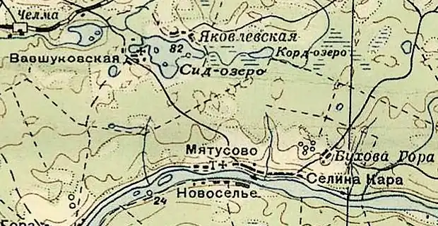 Деревня Сидозеро (Вавшуковская, Яковлевская) на карте РККА 1936 года