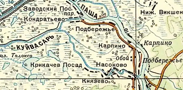Церковь деревни Надкопанье на карте 1940 года