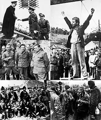 Сверху по часовой стрелке: встреча Адольфа Гитлера и Анте Павелича в Бергхофе; Степан Филипович выкрикивает перед своей казнью «Смерть фашизму, свобода народу!»; генерал Дража Михайлович и его четники; усташи;  Иосип Броз Тито (первый справа) и его соратники в Дрваре, 14 мая 1944 года.