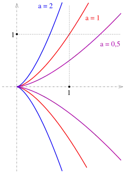 Полукубические параболы
y
=
a
x
3
/
2
{\displaystyle y=ax^{3/2}}