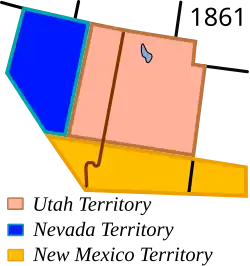 Территории Невада и Юта в 1861 году; линиями обозначены современные границы штатов