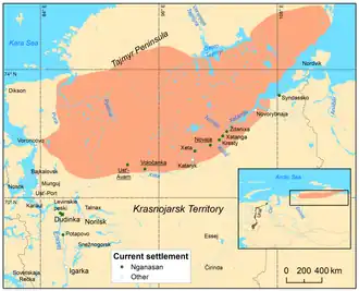 Географическое распространение нганасанского языка в начале XX века и в настоящее время