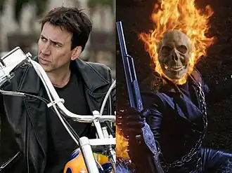 Николас Кейдж в ролиДжонни Блэйза / Призрачного гонщикав фильме «Призрачный гонщик» 2007 года