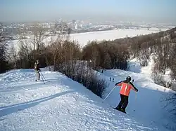 Зима в парке, спуск на лыжах