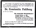 Некролог от имени семьи о смерти К. Фальберга в Магдебургской газете от 17 августа 1910г.