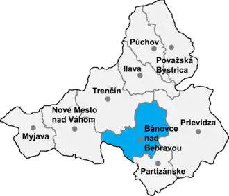 Район Бановце-над-Бебравоу на карте
