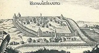 Изображение Козьмодемьянской крепости на рисунке Адама Олеария (1636)