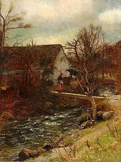 Осенний пейзаж с матерью и детьми у ручья