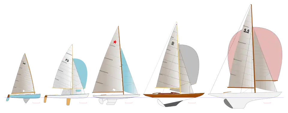 Слева-направо: Финн, Летучий голландец, Звёздный, Дракон, 5,5-метровый