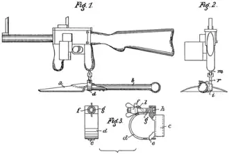 Установка пистолета-пулемёта на малую пехотную лопату; рисунок из патента № 332625 от 4 февраля 1921 года; снизу крупный план хомута