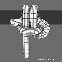 Найлон, Рымный узел:82, pedigree cow hitch.Затягивается под прямым углом к точке крепежа. Используйте его для вязания плёток или для подвешивания садовых навесов и гаражных атрибутов к крыше.