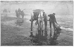 Сборщики моллюсков в туманную погоду. Ч/б репродукция.