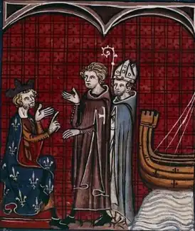 Робер де Сабле и патриарх Иерусалима встречаются с королём Франции Филиппом II Августом. Миниатюра из Хроник Сен-Дени, XIV век.