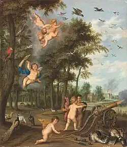 П. ван Авонт, И. ван Остен, Я. ван Кессель. Аллегория воздуха и огня. Из серии «Четыре элемента». Между 1641 и 1652. Дерево, масло. Частное собрание