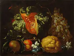Натюрморт с тыквой, виноградом, цитрусовыми и цветами. Между 1700 и 1715. Холст масло. Национальная галерея Словении, Любляна