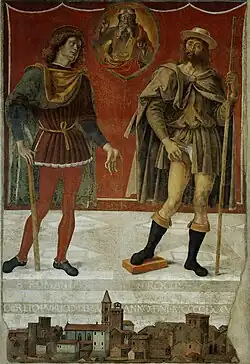 Перуджино. Бог-Отец и святые Рох и Романо. Фреска. Муниципальная пинакотека, Дерута