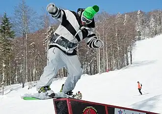 Сноубордист во время выполнения джиб-трюка