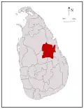 Area map of Polonnaruwa District, roughly square in shape, located at the middle from north east of the centre of the country and south west of the north eastern coast, in the North Central Province of Sri Lanka