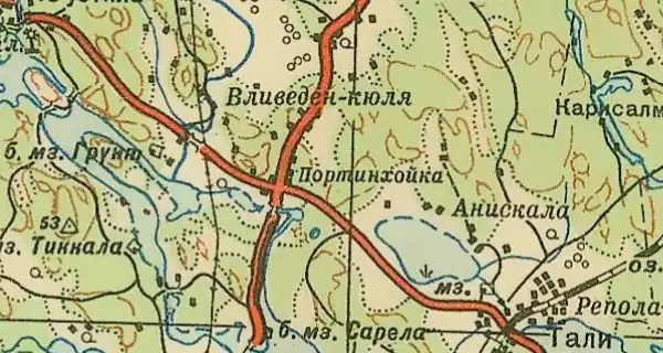 Деревня Портинхойка (Пиртти) на советской карте 1940 года
