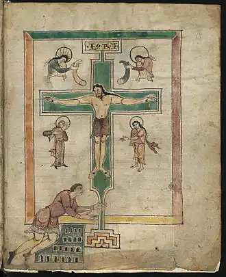 Изображение короля, предположительно Людовика Немецкого, в так называемой Псалтыри Людвига конца IX века. Без каких-либо признаков своего королевского достоинства король преклоняет колени у креста Христа