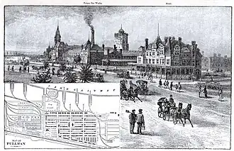 Вид на завод (слева) и отель «Флоренс» (справа), план первой очереди посёлка. Иллюстрация Harper’s Magazine, 1885 год