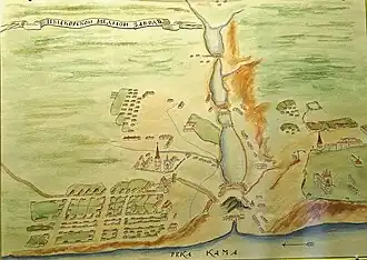 Пыскорский медеплавильный завод из альбома В. де Геннина, 1735 год