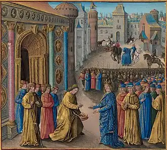 Раймунд де Пуатье принимает Людовика VII в Антиохии. Миниатюра Жана Коломба из книги Себастьена Мамро «Походы французов за море против турок, сарацин и мавров» (1474)
