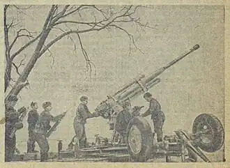 Орудийный расчёт батареи под командованием старшего лейтенанта Сулимова, сбивший два самолёта и уничтоживший три вражеских танка. Январь 1941 г. Орудие в "противотанковой" версии, без приборов ПУАЗО
