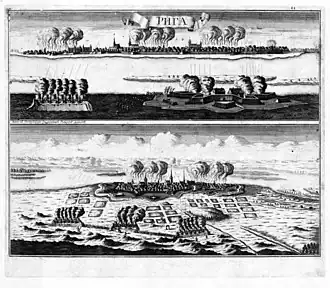 Вид и план осады Риги 14 июля 1710 года. Иллюстрация «Книги Марсовой» А.-М. Малэ (2-е издание). Оттиск второй половины XVIII века.