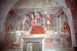 Мадонна на троне с Младенцем, святыми Георгием, Маврикием, Петром и Павлом. 1508. Фреска. Церковь Святого Петра. Тавернола-Бергамаска, Ломбардия