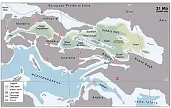 Палеогеография региона Тетис 31 млн лет назад, рюпельский век, олигоцен.