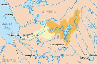 Бассейн реки Руперт показан жёлтым