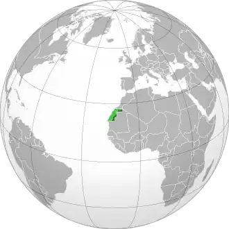 Сахарская Арабская Демократическая Республика на карте мира.Светло-зелёным обозначена оккупированная территория  Западной Сахары