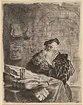 Учёный, затачивающий перо. Офорт