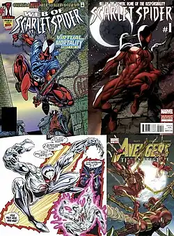 Версии Алого Паука в основной Вселенной Marvel.Слева направо, сверху вниз:
Бен Рейли как Алый Паук на обложке комикса Web of Scarlet Spider #1, художник — Стивен Батлер.
Кейн Паркер как Алый Паук на варианте обложки комикса Scarlet Spider vol. 2 #1, художник — Марк Багли.
Джо Уэйд как злой кибернетический Алый Паук, художник — Пэрис Карунос.
Красная команда Алых Пауков на обложке комикса Avengers: The Initiative #7, художник — Стефано Казелли.
