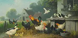 Птичий двор с утками, голубями, цыплятами, курами и петухом (картина Отто Шойерера (нем. Otto Scheuerer), 1862—1934)
