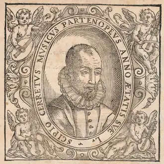 Портрет Шипьоне Черрето из его трактата Dell’Arbore musicale... (Неаполь, 1608). Текст на рамке портрета говорит, что Черрето 57 лет, что позволяет определить год его рождения