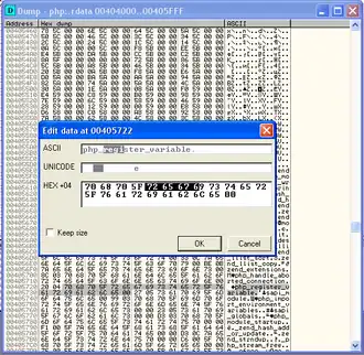 Hex-редактор в составе отладчика OllyDbg с открытым диалогом редактирования блока байтов.