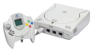 An NTSC Sega Dreamcast Console and PAL Controller with VMU.